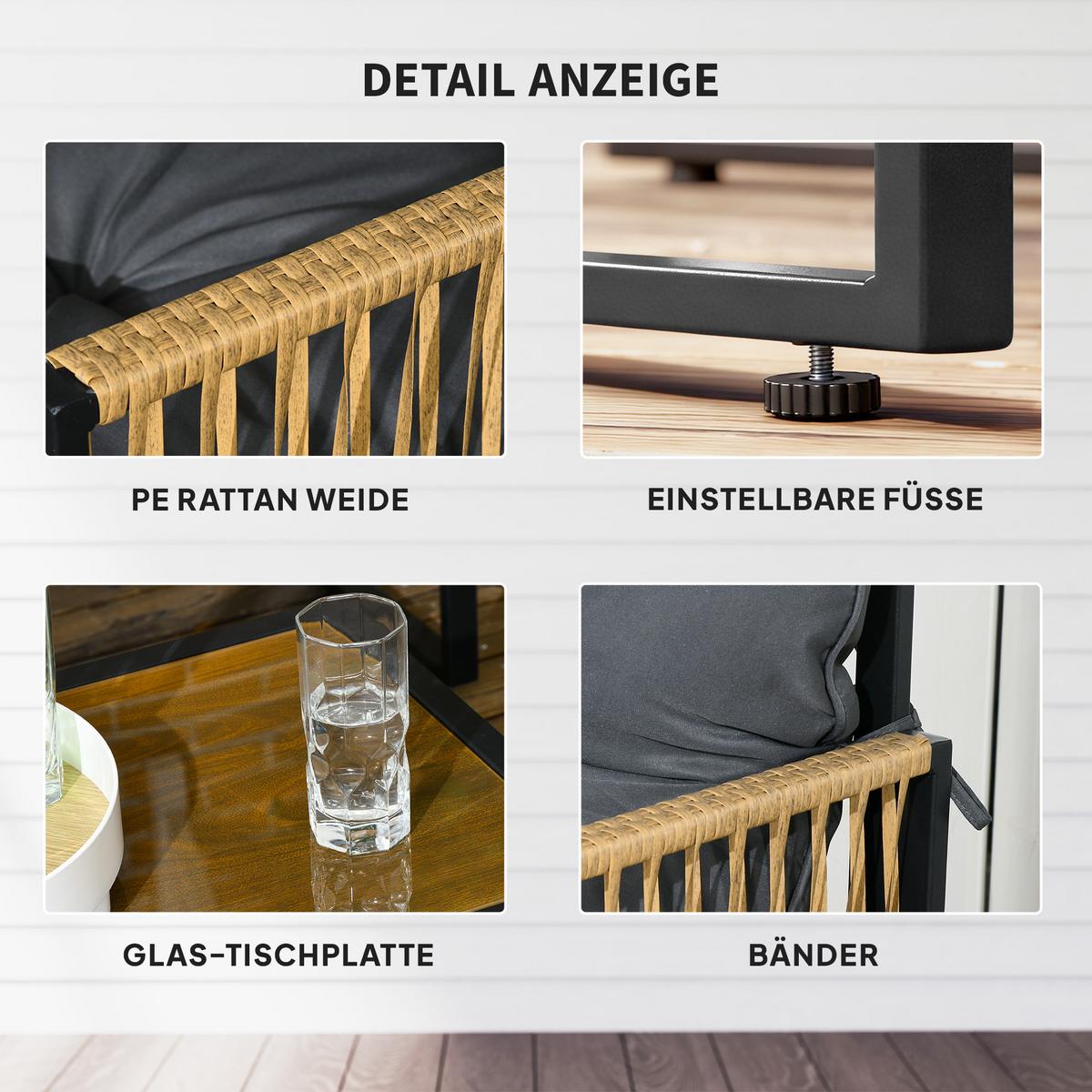 SITZGRUPPE mit Kissen, 4 tlg. Rattan Gartenmöbel-Set, Sitzgarnitur für Garten, Braun - Dunkelgrau, Kunststoff - Outsunny