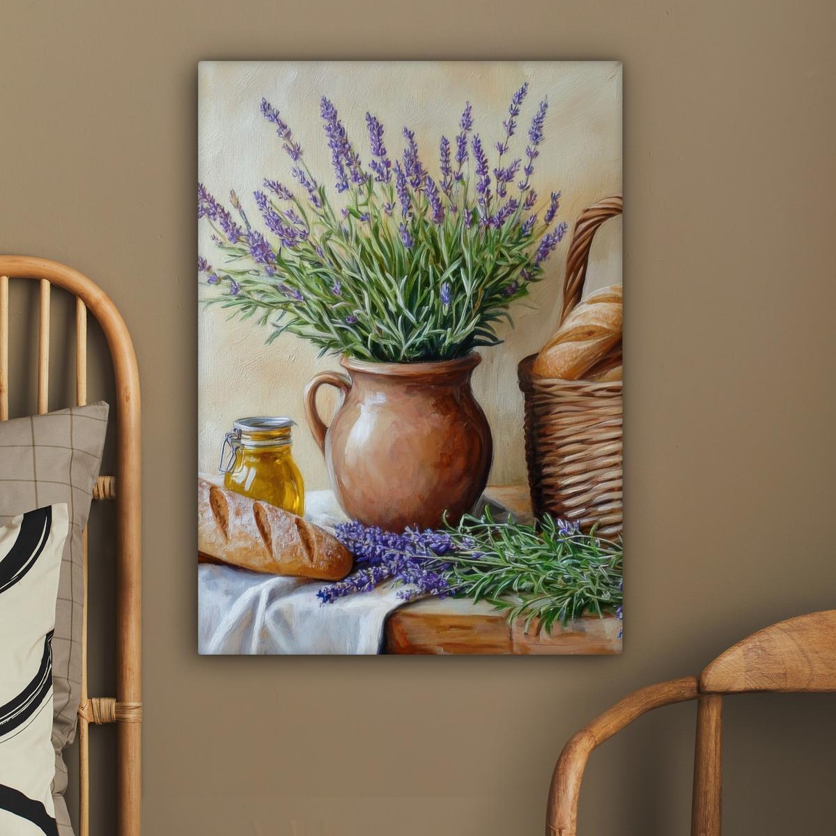 LEINWANDBILD Lavendel - Brot - Stilleben Wandbild Wohnzimmer 60x80 cm - Flieder, Textil (60/80cm) - MuchoWow