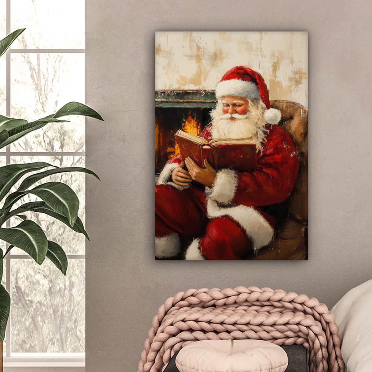 LEINWANDBILD Weihnachten - Weihnachtsmann - Winter - Open Fireside Wanddeko Schlafzimmer 60x90 cm - Dunkelrot, Textil (60/90cm) - MuchoWow