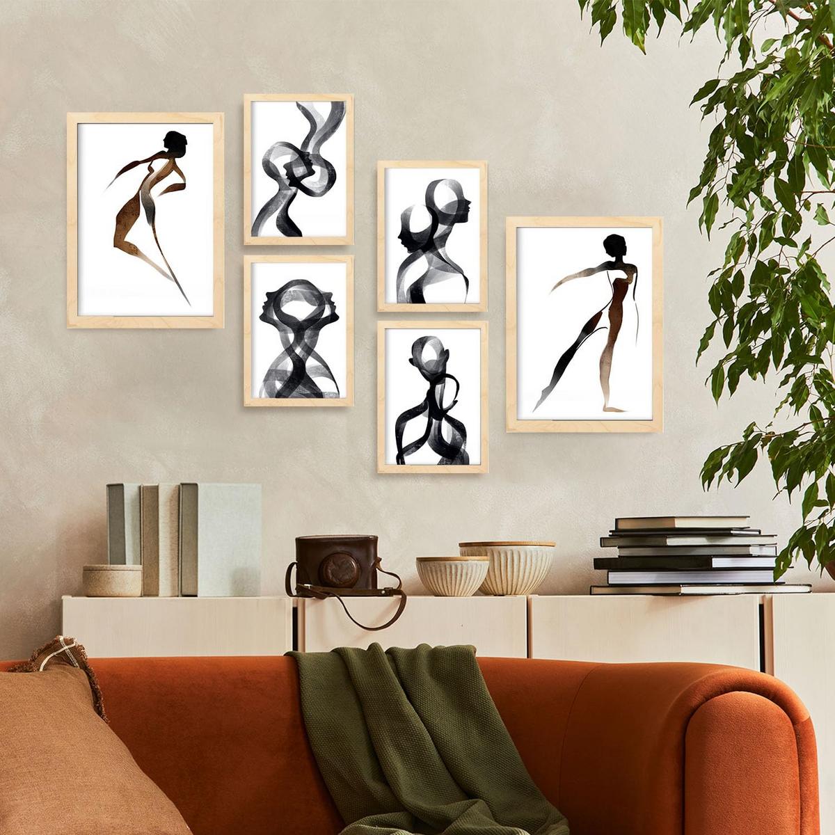 POSTER Set Mit 6 Körpertugend 2 In Liebhaber Abstrakt Ästhetische Dekorative Gemälde Für Ihr Wohnzimmer Zuhause A3 & A4 Rahmen Aus Hellem Holz - Beige, Papier (29/3cm) - Nacnic