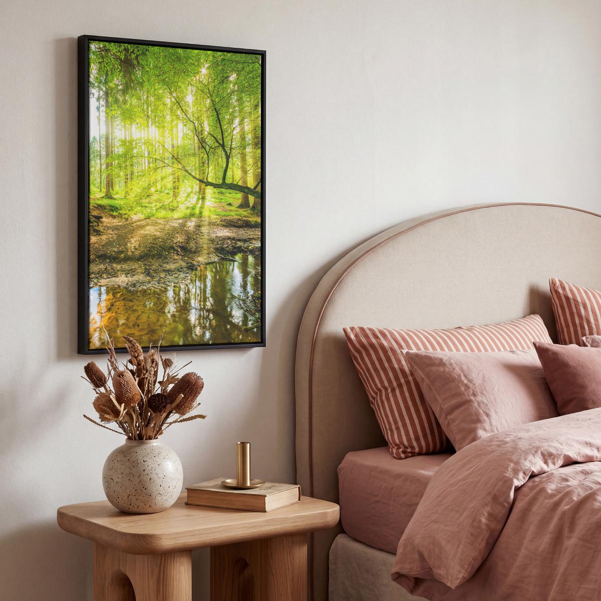 LEINWAND Bilder mit Rahmen - Wald - Landschaft - Wasser - Bäume - Sonne - Grün - Natur - 40x60 - Grün, Textil (40/60cm) - MuchoWow