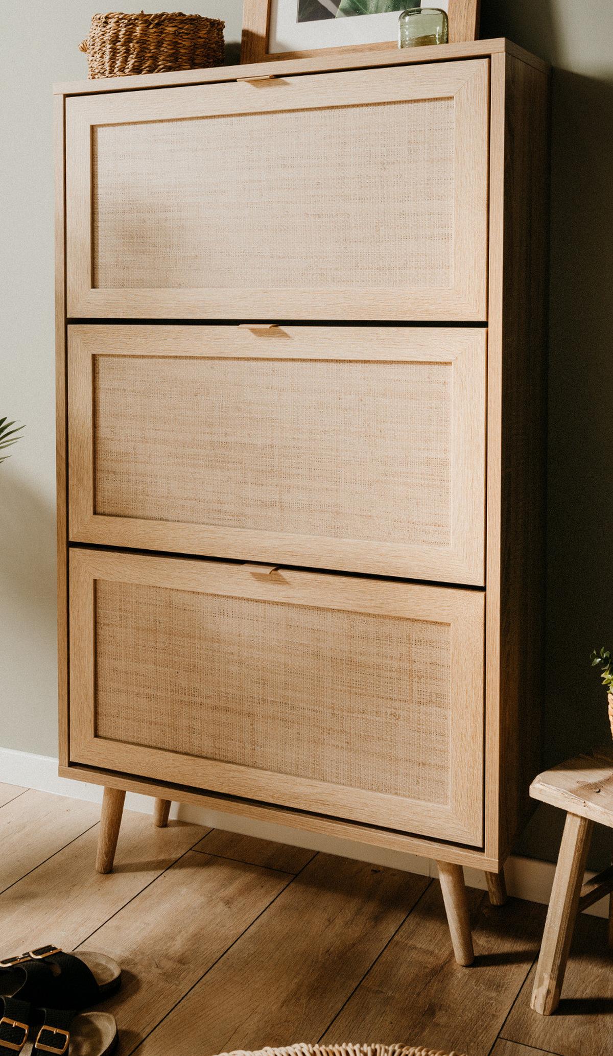 SCHUHKIPPER Eiche Sonoma, Bast-Dekor 70 cm, Schuhschrank mit 3 Kippern - Eichefarben, Holz/Holzwerkstoff (70/125/24cm) - Furn.Design