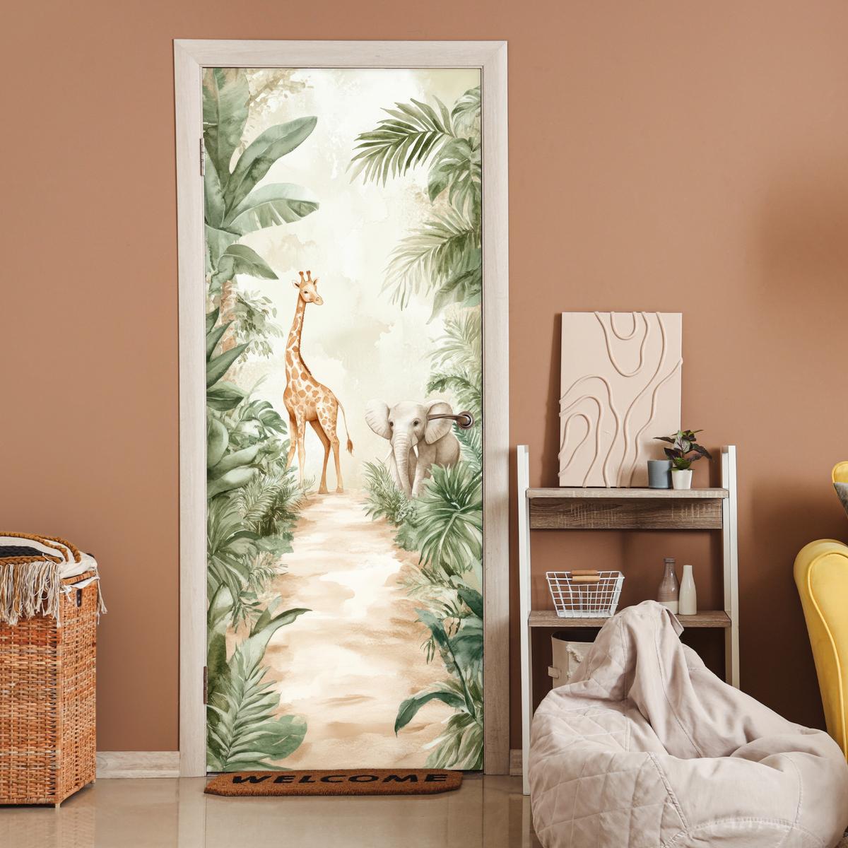 TÜRAUFKLEBER Dschungel - Giraffe - Elefant - Grün - Natur 80x215 cm - Türtapete - Eukalyptusholzfarben, Kunststoff (80/0.1cm) - MuchoWow