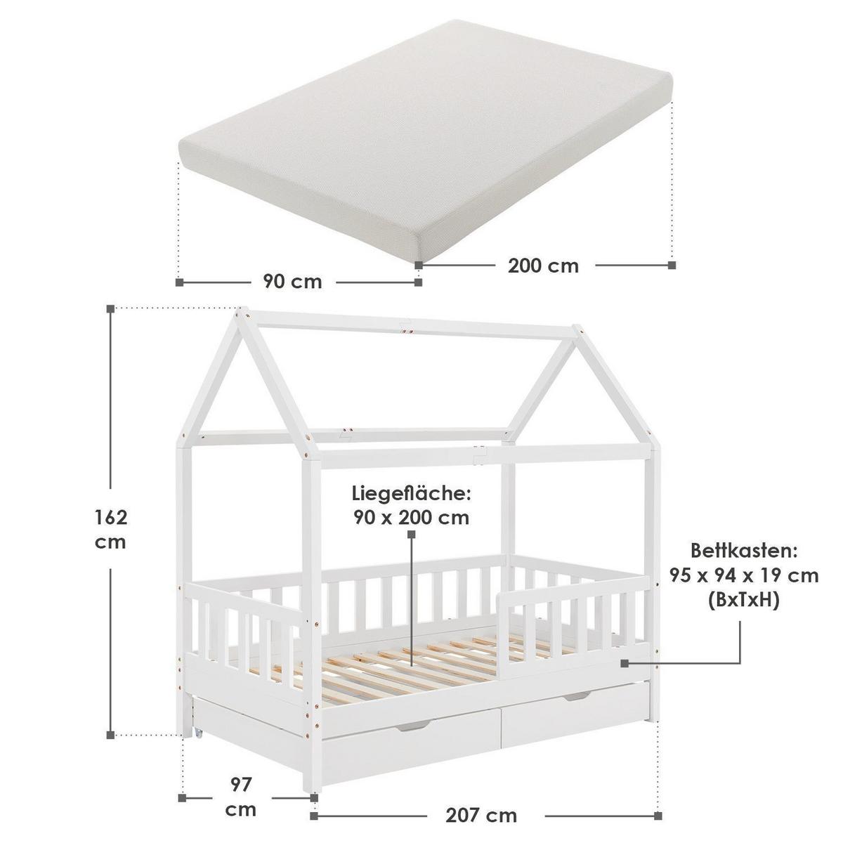KINDERBETT Marli mit Matratze und Bettkasten weiß 90x200 cm - Weiß, Holz (90/200cm) - Juskys