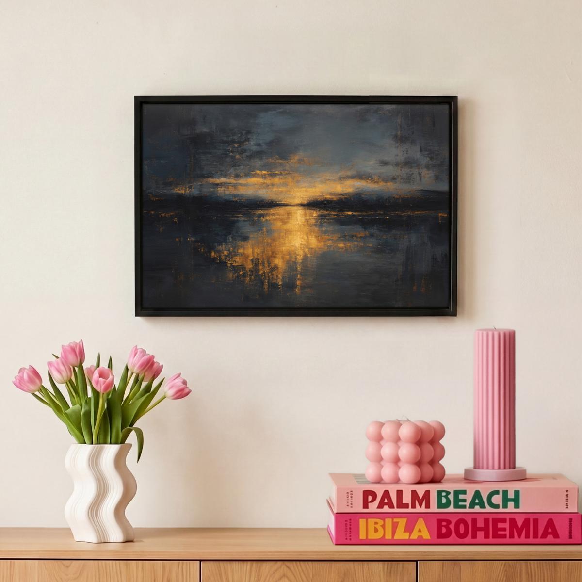 LEINWAND Bilder mit Rahmen - Goldene Reflexion auf dem Wasser - 30x20 - Anthrazit, Textil (30/20cm) - MuchoWow