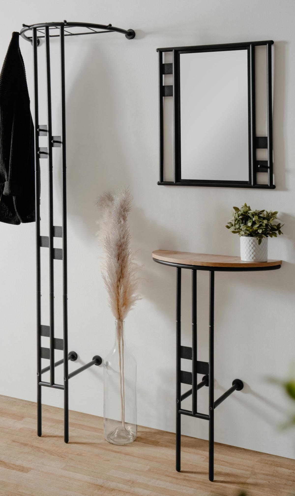 GARDEROBEN-SET 3-teilig schwarz Metall 130 cm, Flurgarderobe mit Spiegel - Schwarz, Metall (130/185/28cm) - Furn.Design