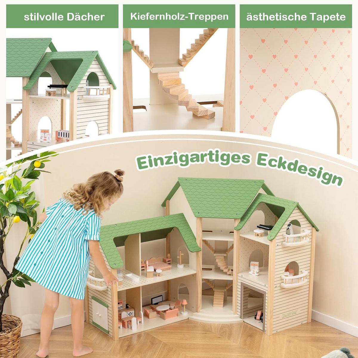 PUPPENHAUS 83cm Grün - Grün, Holz (87/83/37cm) - COSTWAY