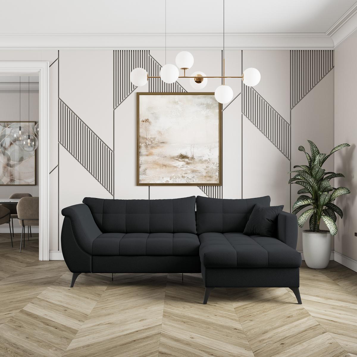 ECKSOFA MOLLIS Schwarz Geflochtener-Stoff mit Schlaffunktion - Schwarz, Holz (241/154cm) - MASSENO