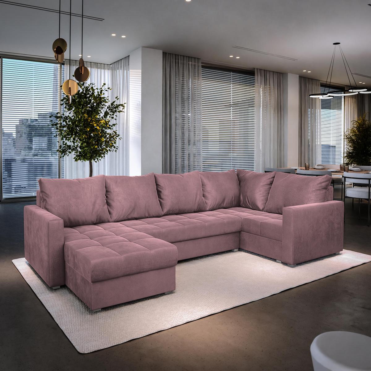 WOHNLANDSCHAFT LORIVO R-S Rosa Plüsch-Stoff mit Schlaffunktion - Rosa/Grau, Holz/Kunststoff (285/85/150cm) - MASSENO