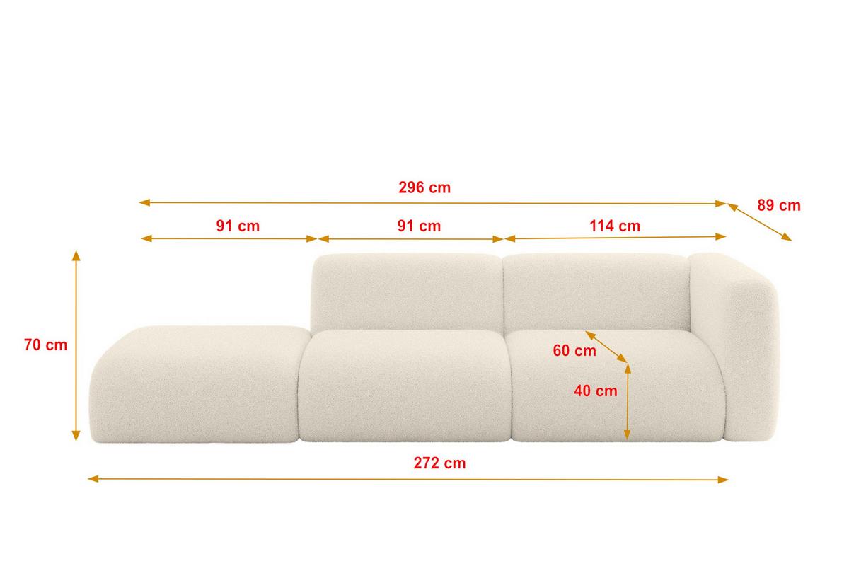 SOFA Ottomane Rechts MIRA-S3 296x89x70 Beige Bouclé - Kaschmir/Beige, Holzwerkstoff/Kunststoff (296/70/89cm) - ALTDECOR