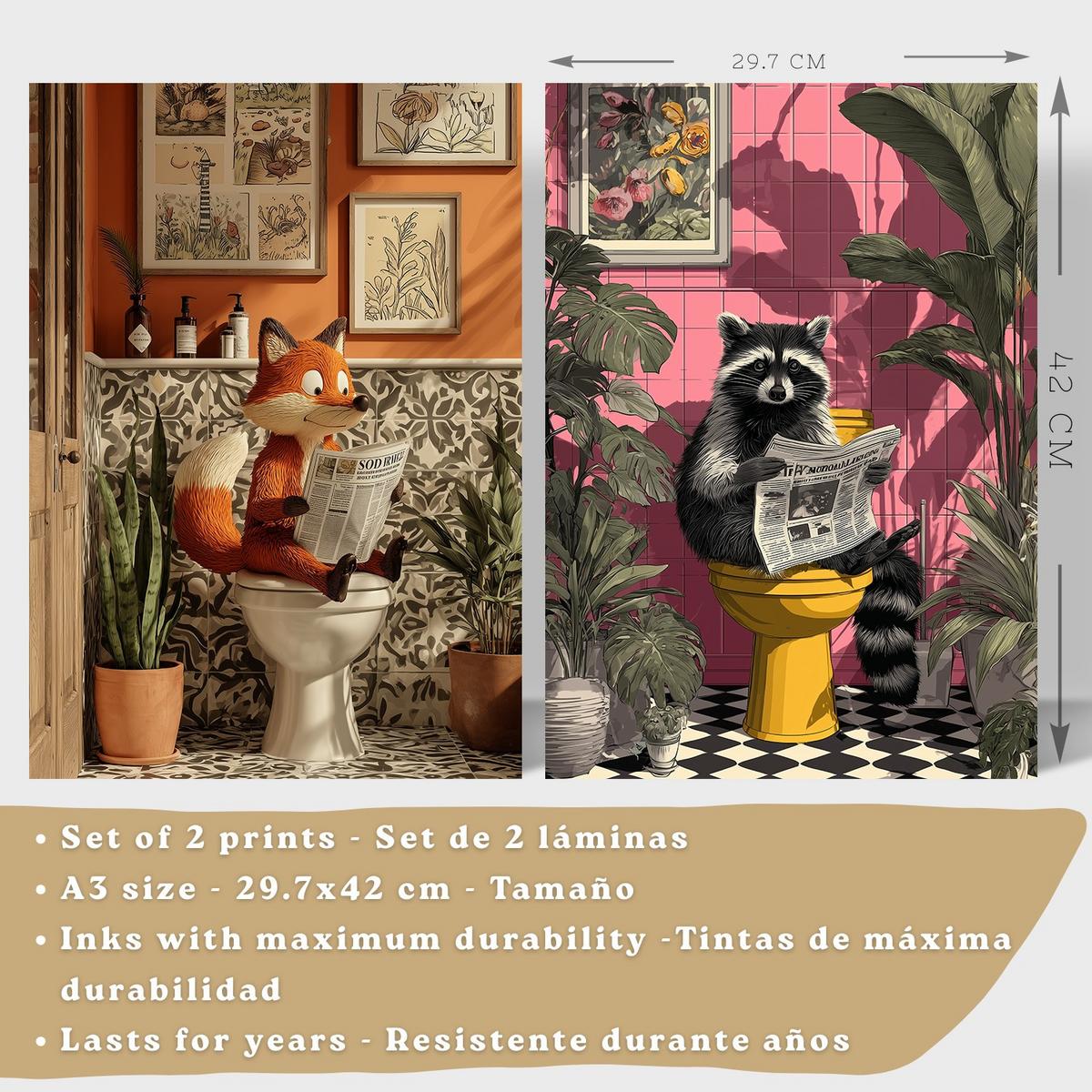 POSTER 2er-Set lustige Tierdrucke im Badezimmer, Fuchs und Waschbär-Dekorationsbilder im modernen Stil Leichter Holzrahmen A3 - Beige, Papier (42/29.7/3cm) - Nacnic