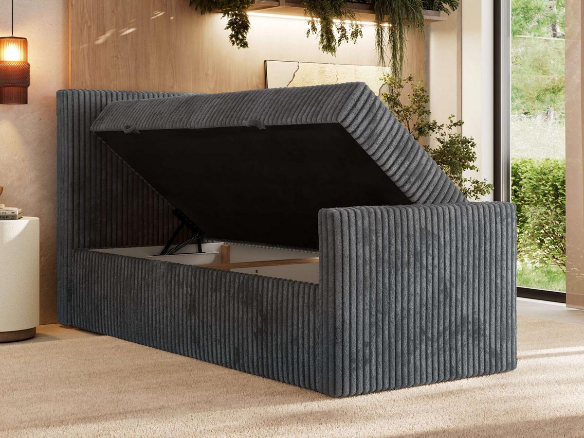BOXBETT TILIANO DUO 90/200 - Grau Cord - H3 - Topper Visco - Links Seite - Grau, Textil (200/90cm) - MKS