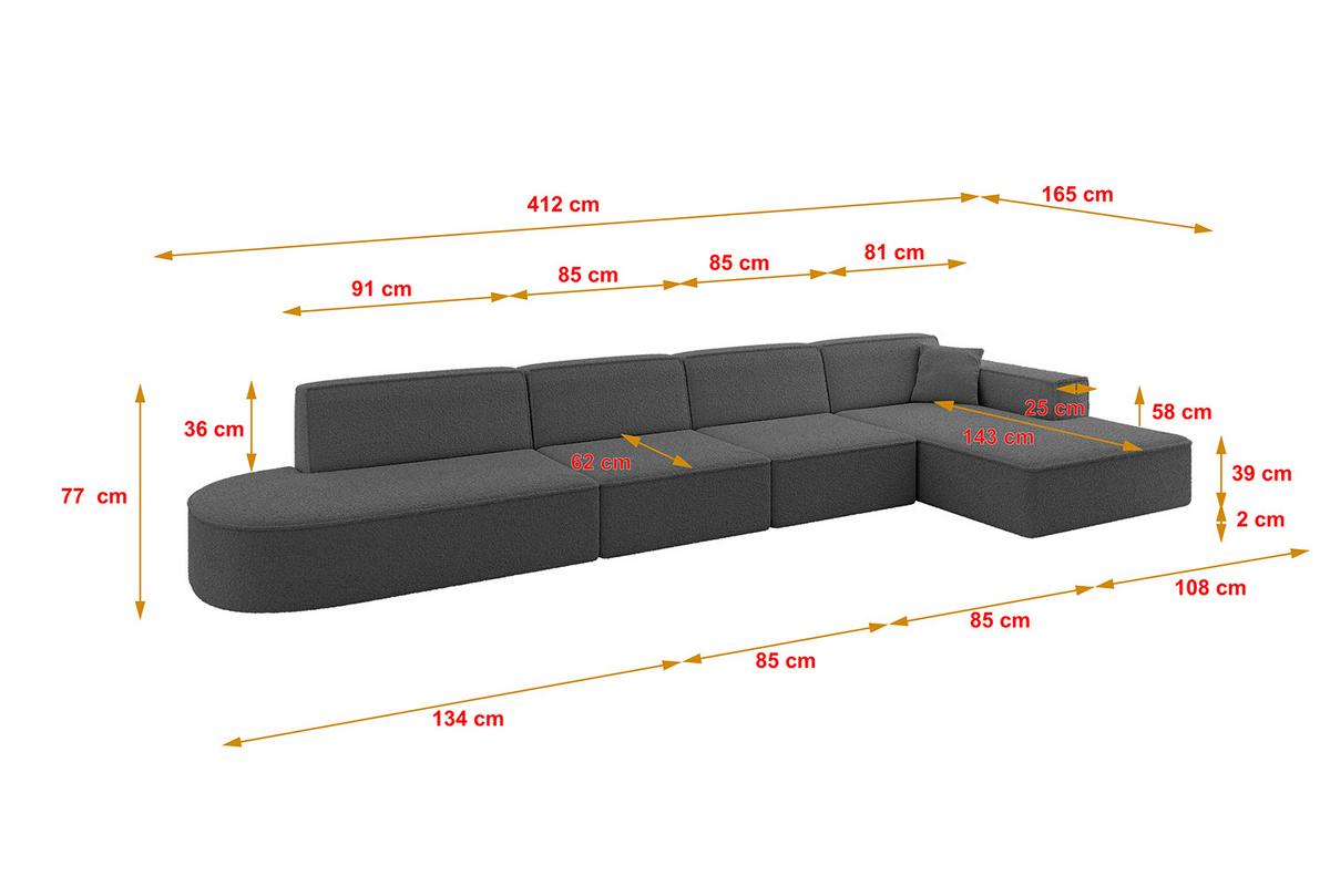 ECKSOFA Ottomane Rechts IREA-L3-v4 - 412x165x77 cm Grau - Anthrazit/Olivgrün, Holzwerkstoff/Textil (412/165cm) - ALTDECOR