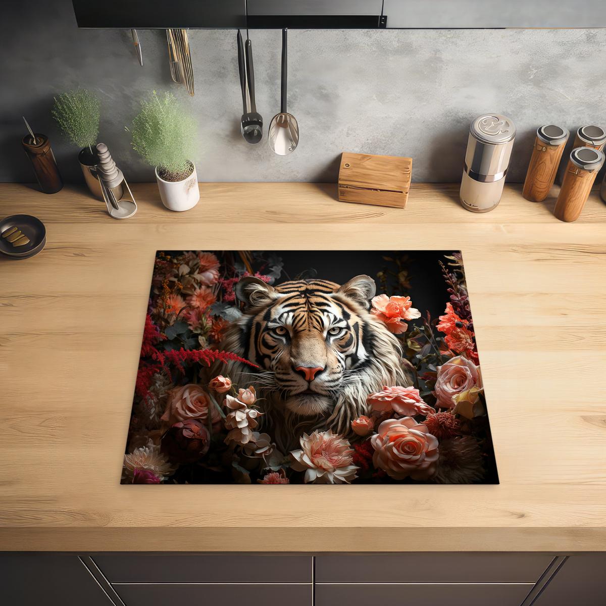 HERDABDECKPLATTE Tiger - Tier - Natur - Floral - Botanisch Herdabdeckung Induktionsfeld 60x52 cm - Orange, Kunststoff (60/52/0.2cm) - MuchoWow