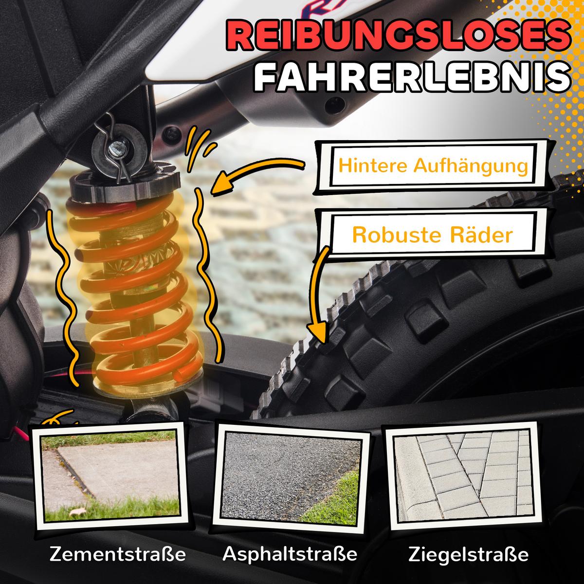 KINDER Elektro-Motorrad, 12V Kindermotorrad mit Musik, 6 km/h Kinderfahrzeug - Weiß, Metall (106.5/56/80cm) - AIYAPLAY