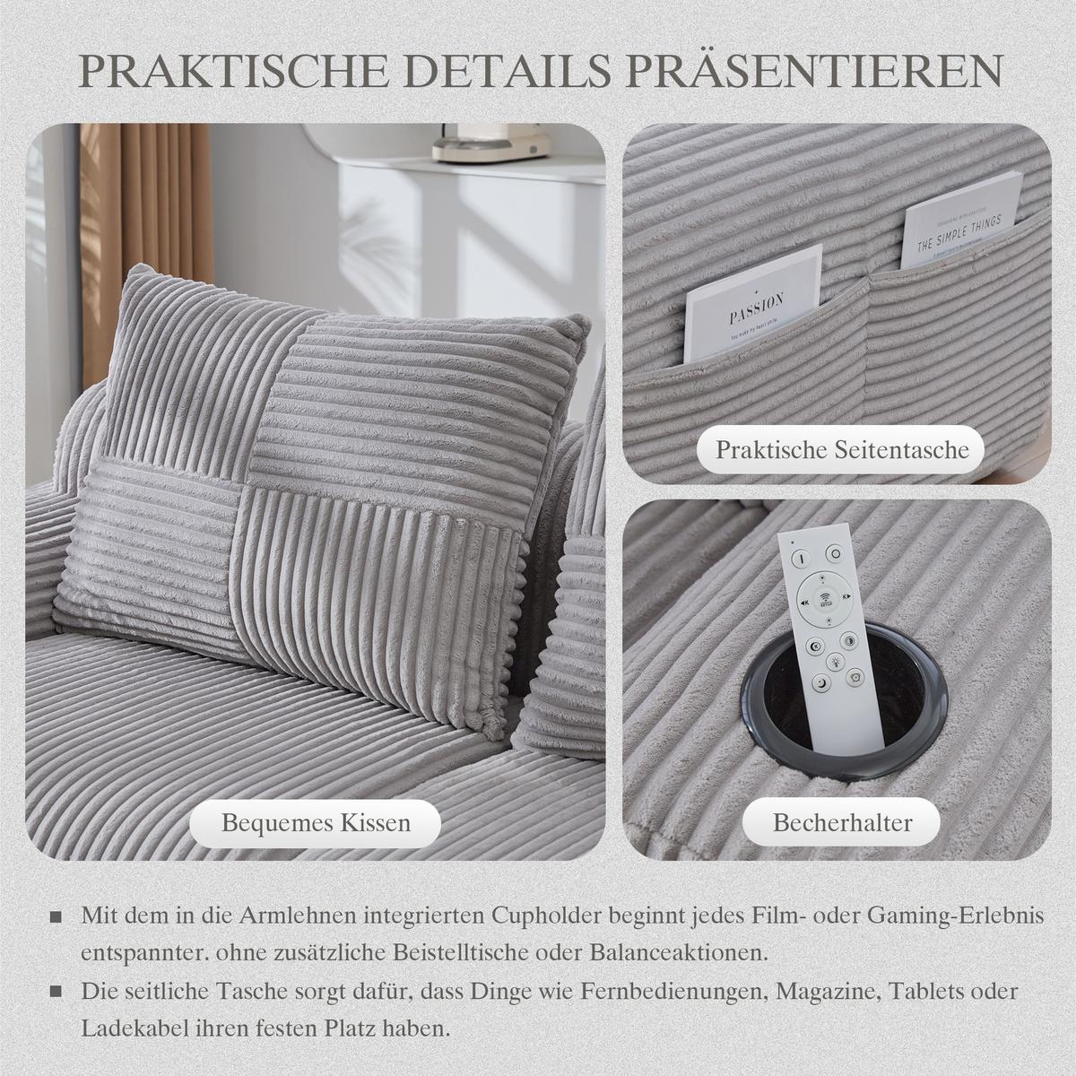 2-SITZER SOFA Modulares Mit Getränkehalter & Stauraum - Hellgrau, Textil (200/80/99cm) - Urban Meuble