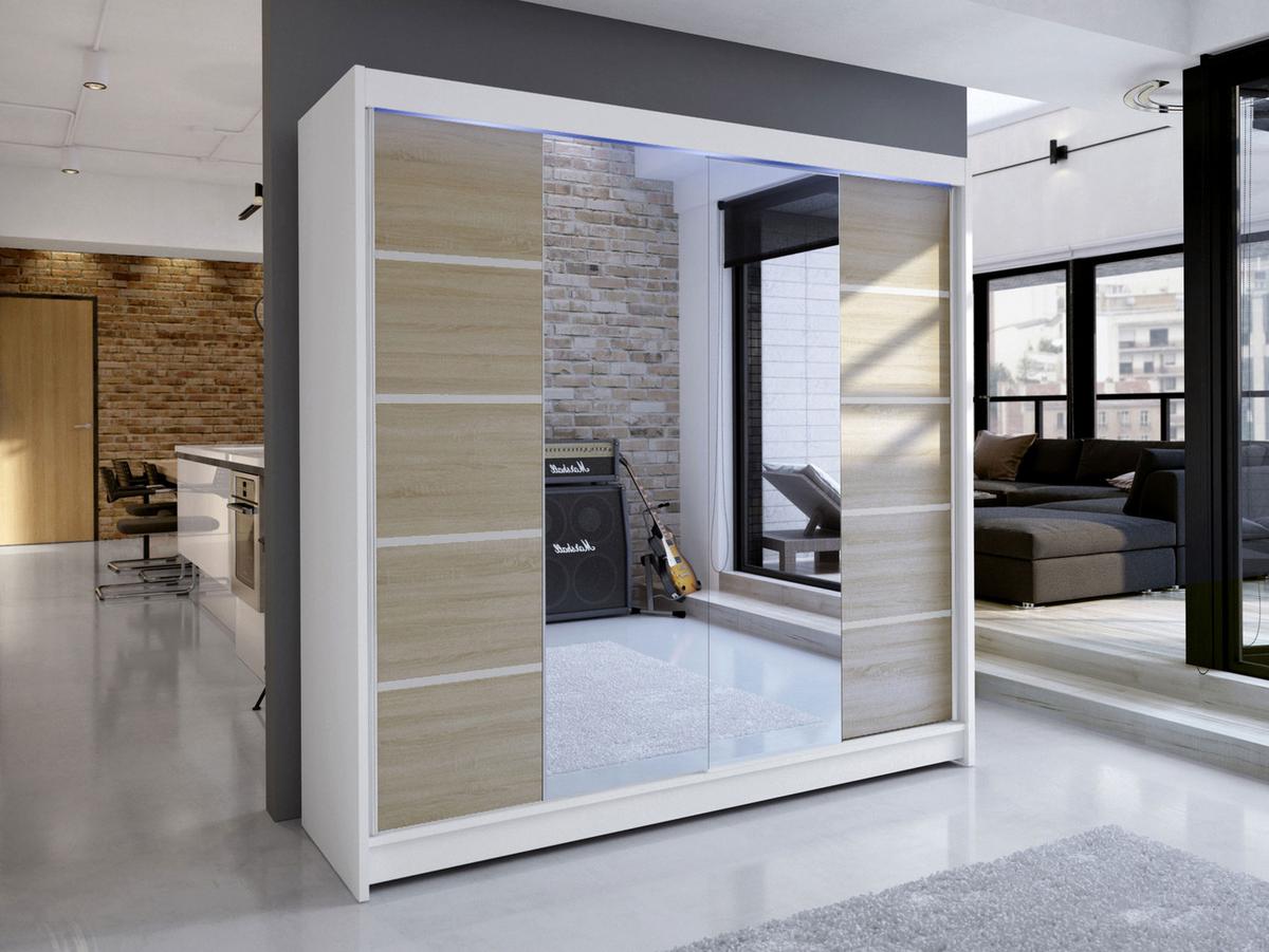 SCHWEBETÜRENSCHRANK Talin V, mit RGB LED Beleuchtung - Beige/Silberfarben, Holzwerkstoff/Metall (180/215/58cm) - MIRJAN24