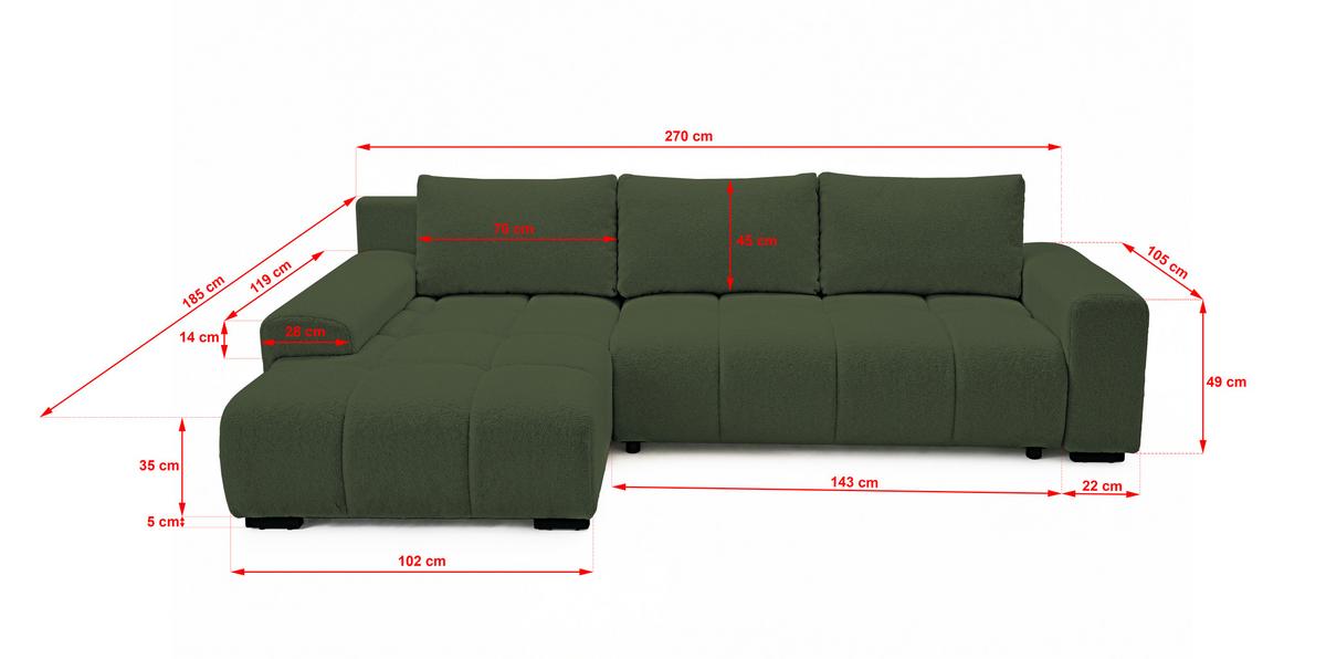 ECKSOFA Ovia mit Bettkasten und Schlaffunktion, Bouclé-Stoff in L-Form - Grün, Textil (270/185cm)