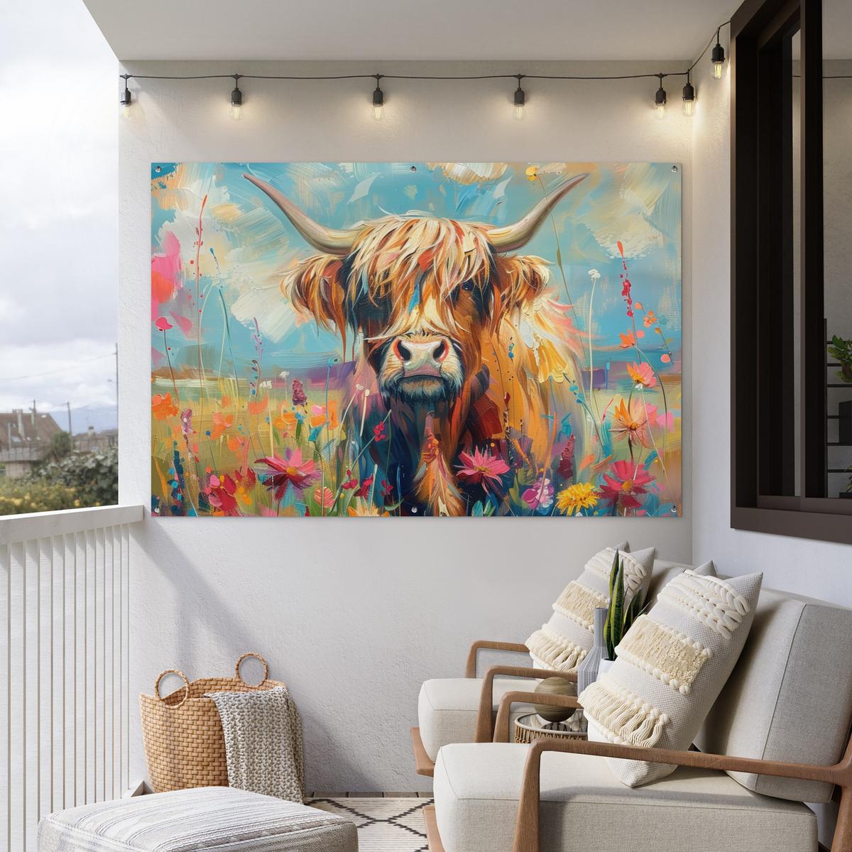GARTENPOSTER Schottische Hochländer - Natur - Farbenfroh - Blumen Poster für draußen 180x120 cm - Hellblau, Kunststoff (180/120/0.2cm) - OnlyWow
