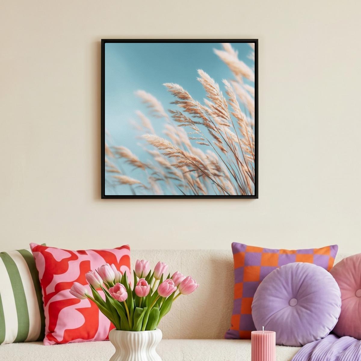 LEINWAND Bilder mit Rahmen - Ziergras - Wind - Hellbraun - 50x50 - Hellblau, Textil (50/50cm) - MuchoWow