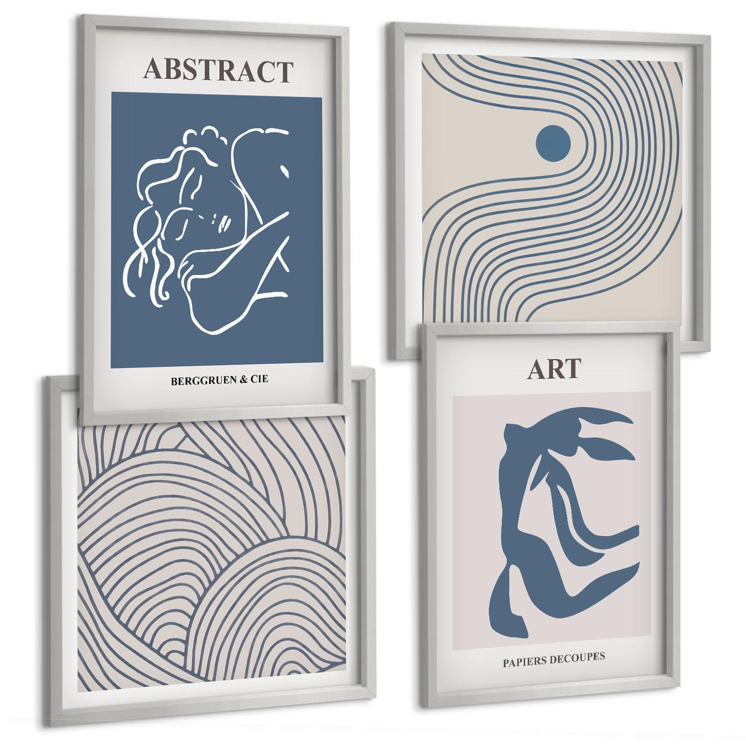 BILDER SET 4er Set - 50x50 cm & 40x60 cm Silberner Rahmen - Poster mit abstrakten Linien und Wellen - Silberfarben, Kunststoff (50/50cm) - TULUP