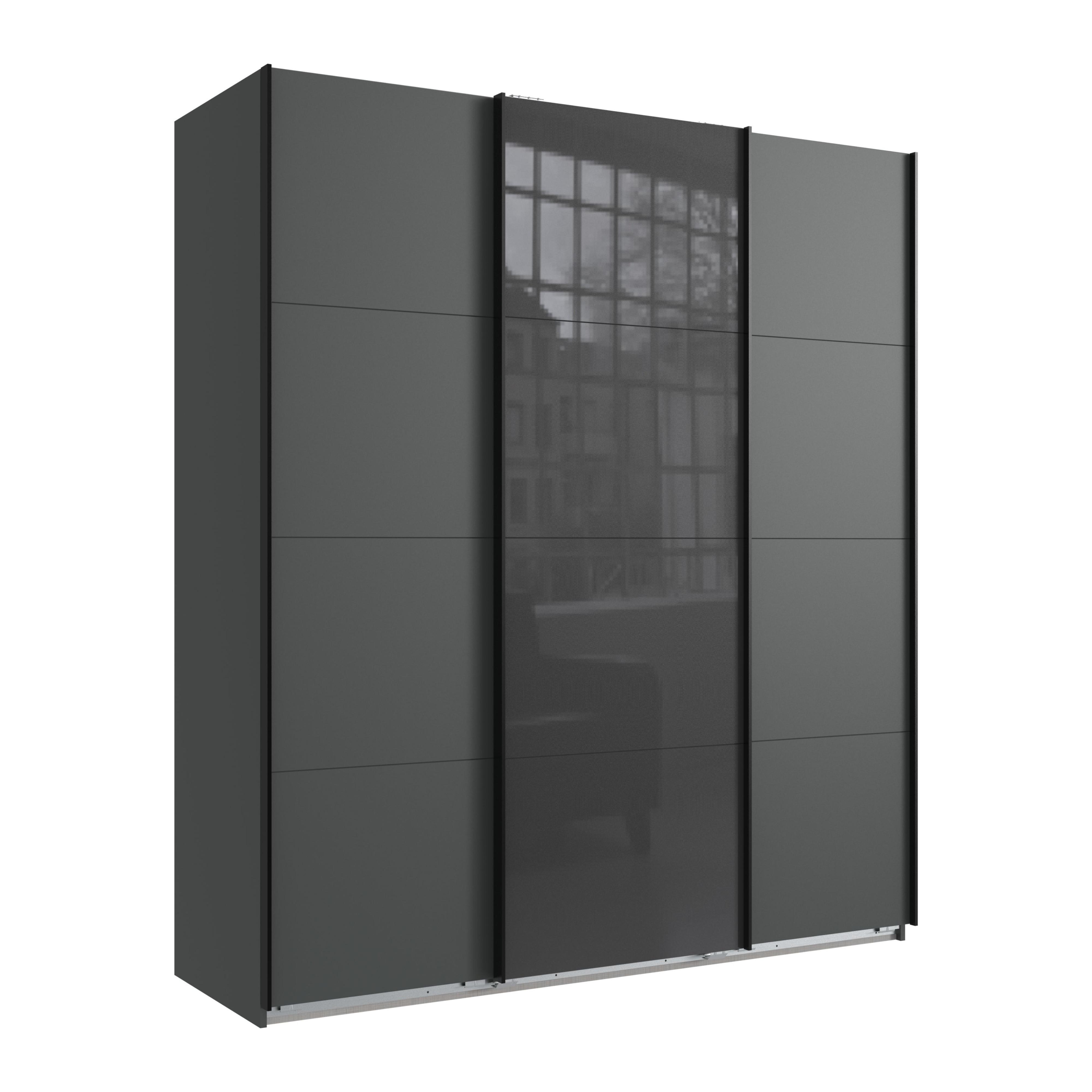 SCHWEBETÜRENSCHRANK 3-türig B180/H208/T64 cm in Grafit, Kleiderschrank mit einer Glasfront-Tür in Grau / 22516 - Graphitfarben/Weiß, Holzwerkstoff/Metall (180/208/64cm) - luma-home