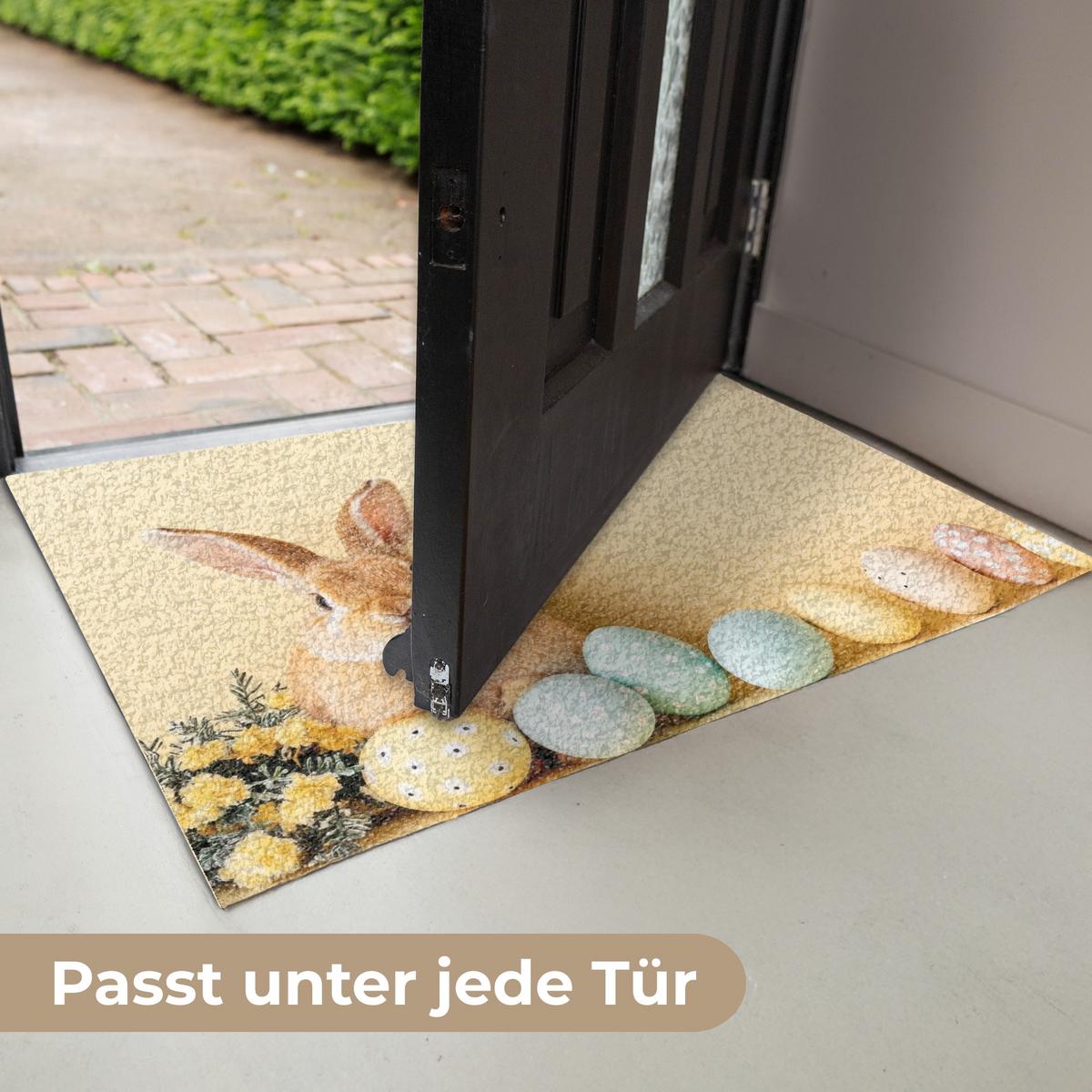 FUSSMATTE Eier - Kaninchen - Pastellfarbtöne Schmutzmatte 90x60 cm - Hellgelb, Kunststoff (60/90cm) - MuchoWow