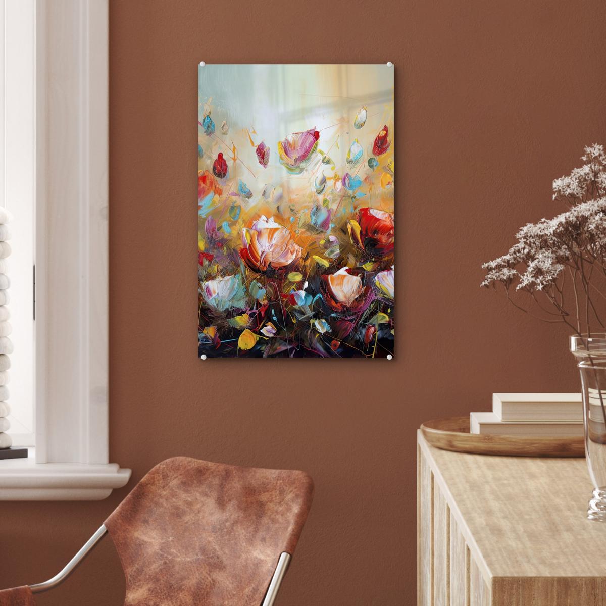 ACRYLGLASBILD Blumen - Kunst - Natur - Ölgemälde Wanddeko Wohnzimmer 40x60 cm - Multicolor, Glas (40/60cm) - MuchoWow