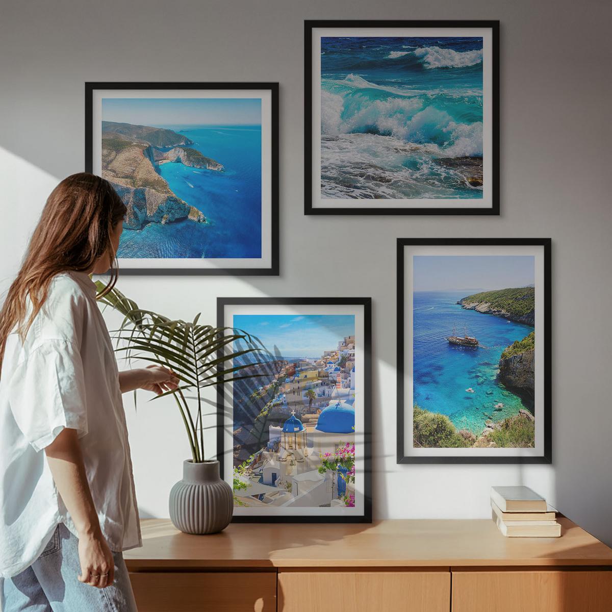 BILDER SET 4er Set - 50x50 cm & 40x60 cm Schwarzer Rahmen - Griechische Ansichten von Santorin Oia - Schwarz, Kunststoff (50/50cm) - TULUP