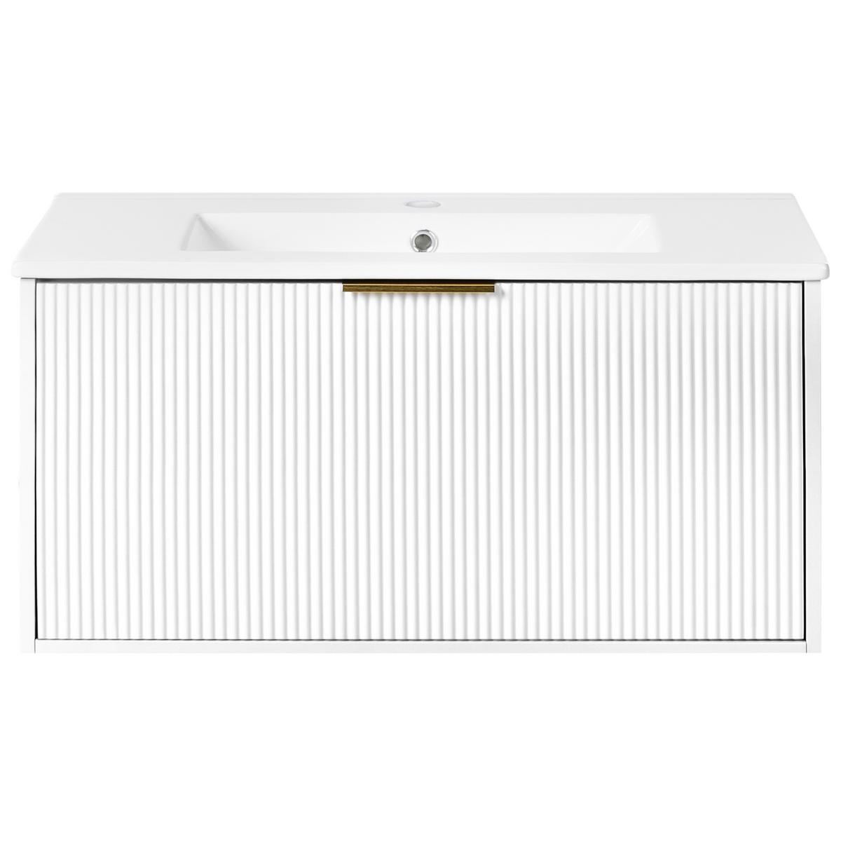 WASCHBECKENUNTERSCHRANK wandmontiertk mit Waschbecken mit goldenem Griff Weiß Tilcara - Weiß, Holzwerkstoff (80/38/93cm) - Beliani