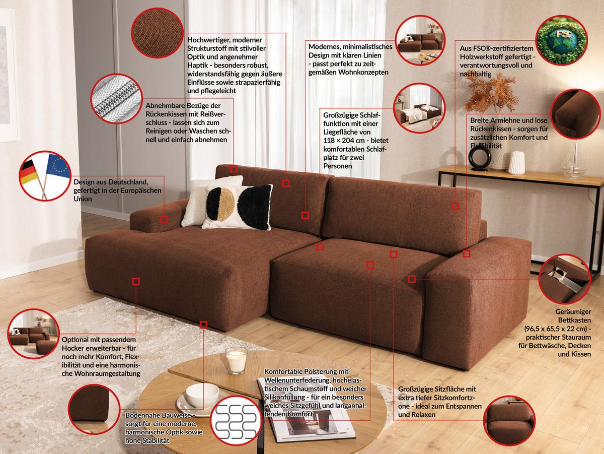ECKSOFA inkl. Hocker Lennon aus Braun Strukturstoff mit Schlaffunktion und Bettkasten - Schwarz/Braun, Holz/Kunststoff (137/264cm) - S-Style