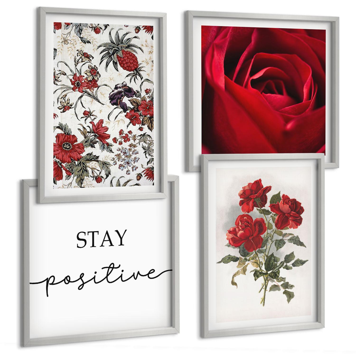 BILDER SET 4er Set - 50x50 cm & 40x60 cm Silberner Rahmen - Inschrift mit roten Rosen - Silberfarben, Kunststoff (50/50cm) - TULUP