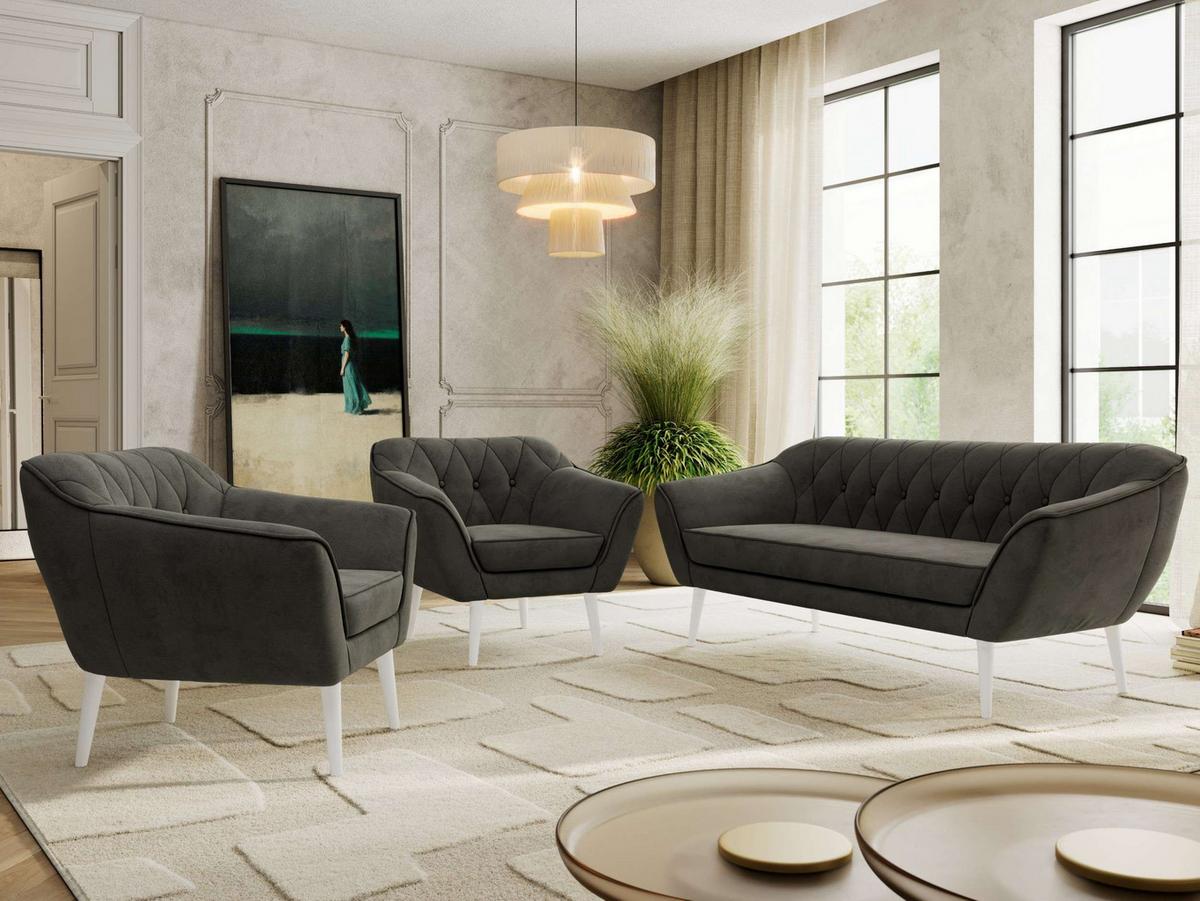 SITZGARNITUR PIRS 3+1+1 - Dunkelgrau Velvet - Weiße Beine - Dunkelgrau/Weiß, Holzwerkstoff/Textil (180/75/74cm) - MKS