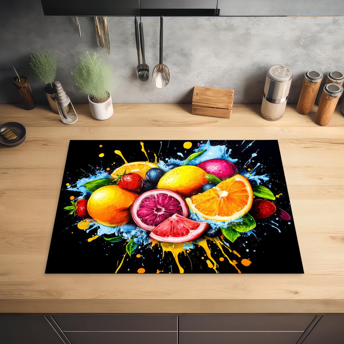 HERDABDECKPLATTE Obst - Graffiti - Bunt - Orange - Erdbeere - Abstrakt Induktionsmatte 71x52 cm - Orange, Kunststoff (71/52/0.2cm) - MuchoWow