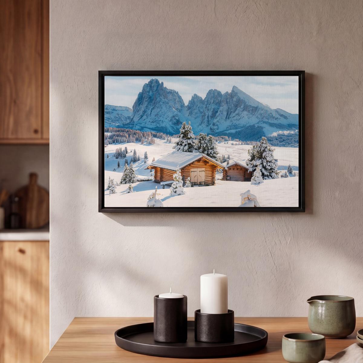 LEINWAND Bilder mit Rahmen - Winter - Hütte - Berge - Aussicht - Schnee - 30x20 - Eichefarben, Textil (30/20cm) - MuchoWow