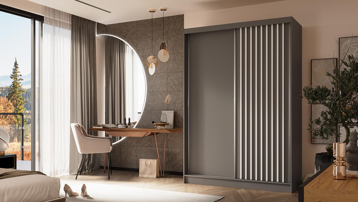 KLEIDERSCHRANK mit furnierten Schiebetüren und Aluminium-Leisten - LABELO - 150 cm Grau+Grau+Weiß - Weiß/Grau, Holzwerkstoff (150/216/61cm) - ALTDECOR