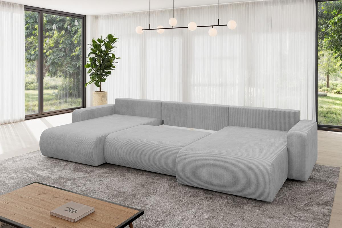 WOHNLANDSCHAFT mit Schlaffunktion und Bettkasten BERY-U 377x193x88 Grau Cord - Schwarz/Grau, Holzwerkstoff/Kunststoff (377/88/193cm) - ALTDECOR