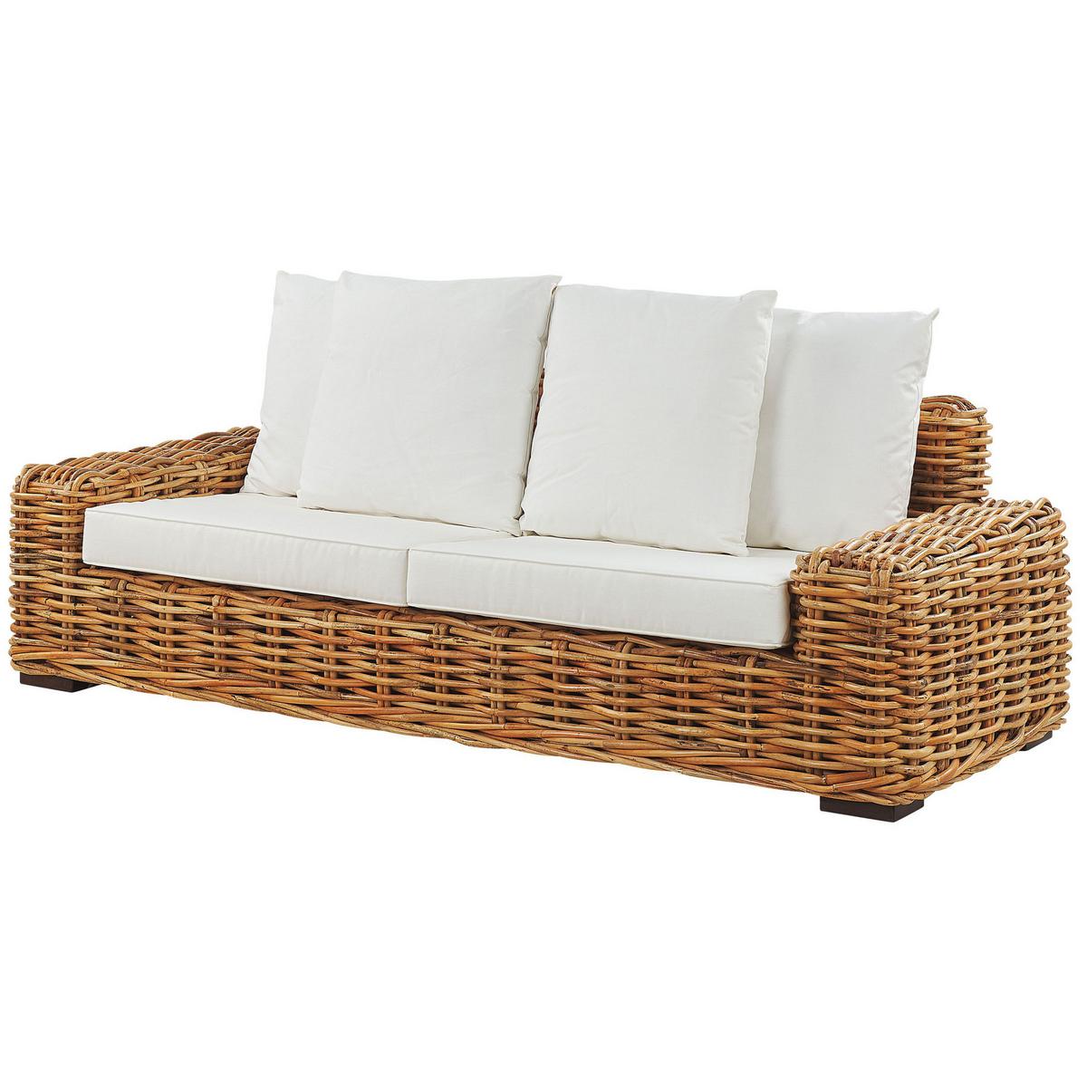 GARTENSOFA 3-Sitzer Rattan natürlich Auflagen cremeweiß Forli - Beige/Naturfarben, Naturmaterialien (218/67/94cm) - Beliani