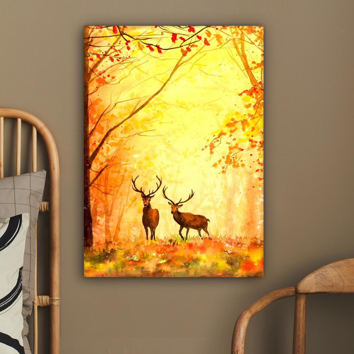 LEINWANDBILD Natur - Ölfarbe - Hirsche - Tiere - Herbst - Orange Wandbild Wohnzimmer 60x80 cm - Orange, Textil (60/80cm) - MuchoWow