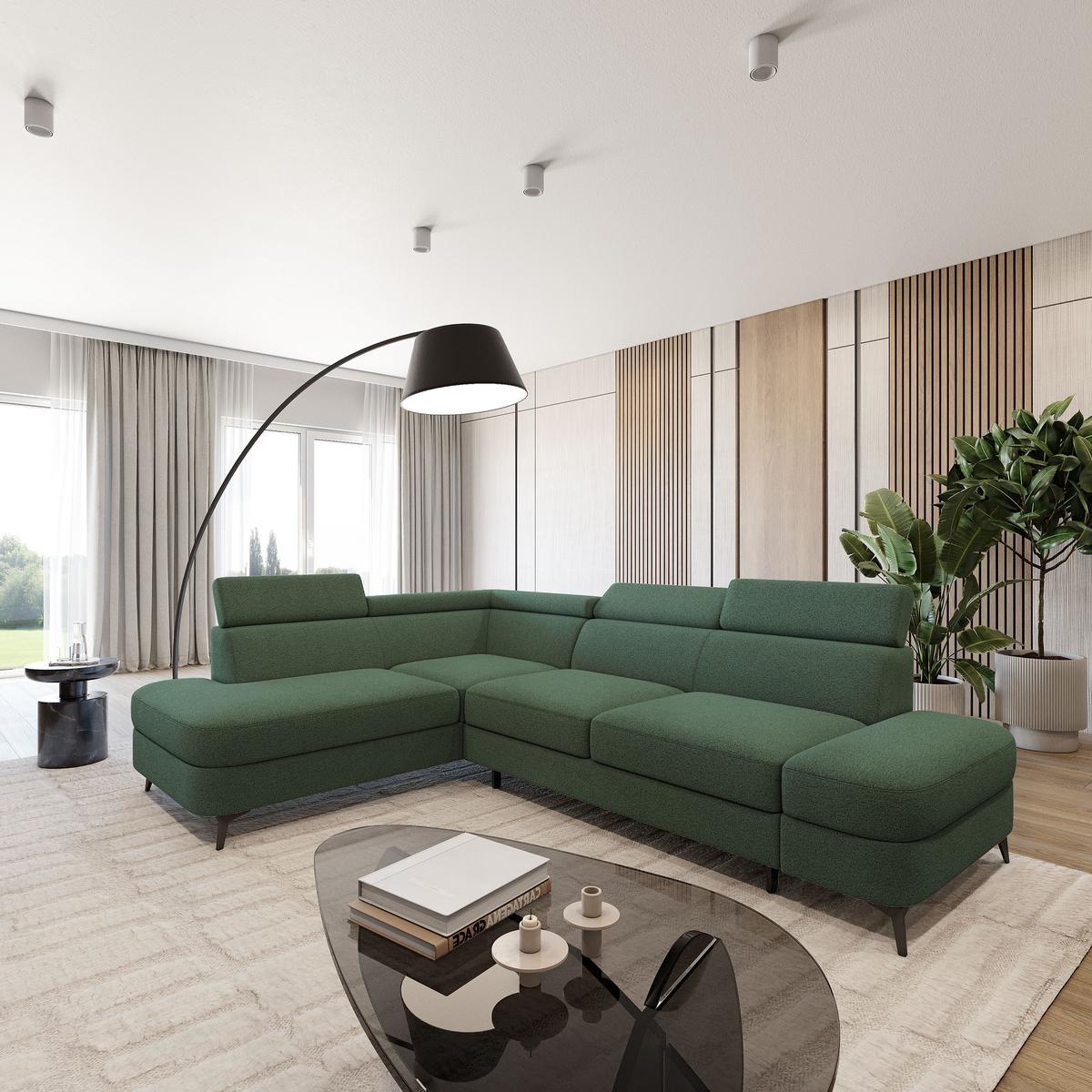 ECKSOFA AVISE Q L-S Grün Boucle-Stoff mit Schlaffunktion - Grün, Holzwerkstoff/Textil (268/195cm) - MASSENO