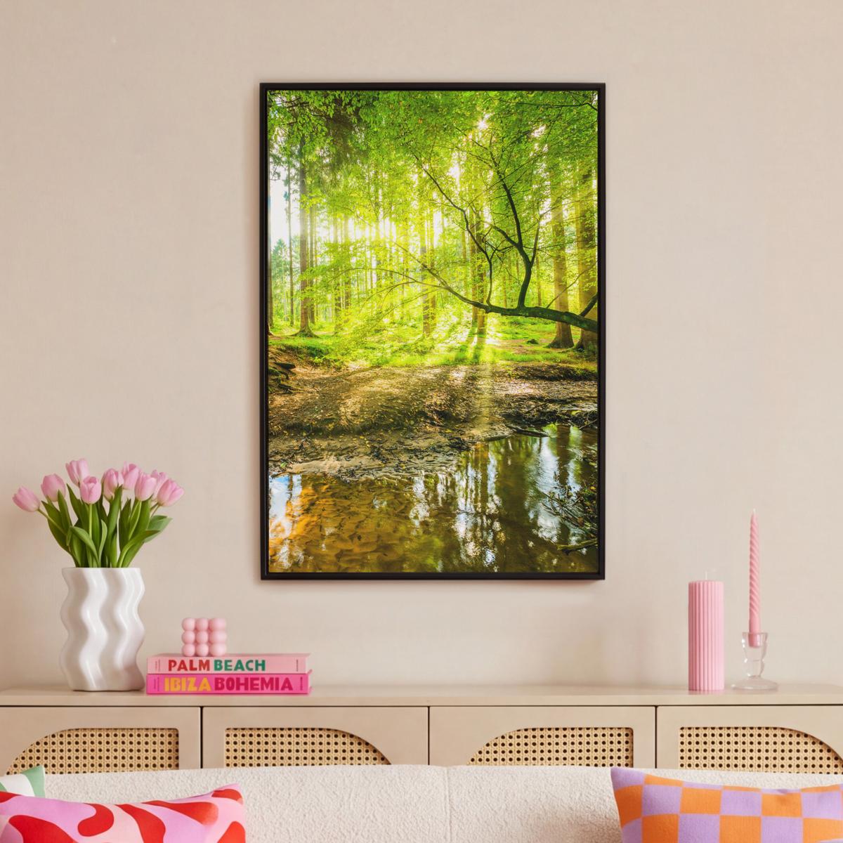LEINWAND Bilder mit Rahmen - Wald - Landschaft - Wasser - Bäume - Sonne - Grün - Natur - 60x90 - Grün, Textil (60/90cm) - MuchoWow
