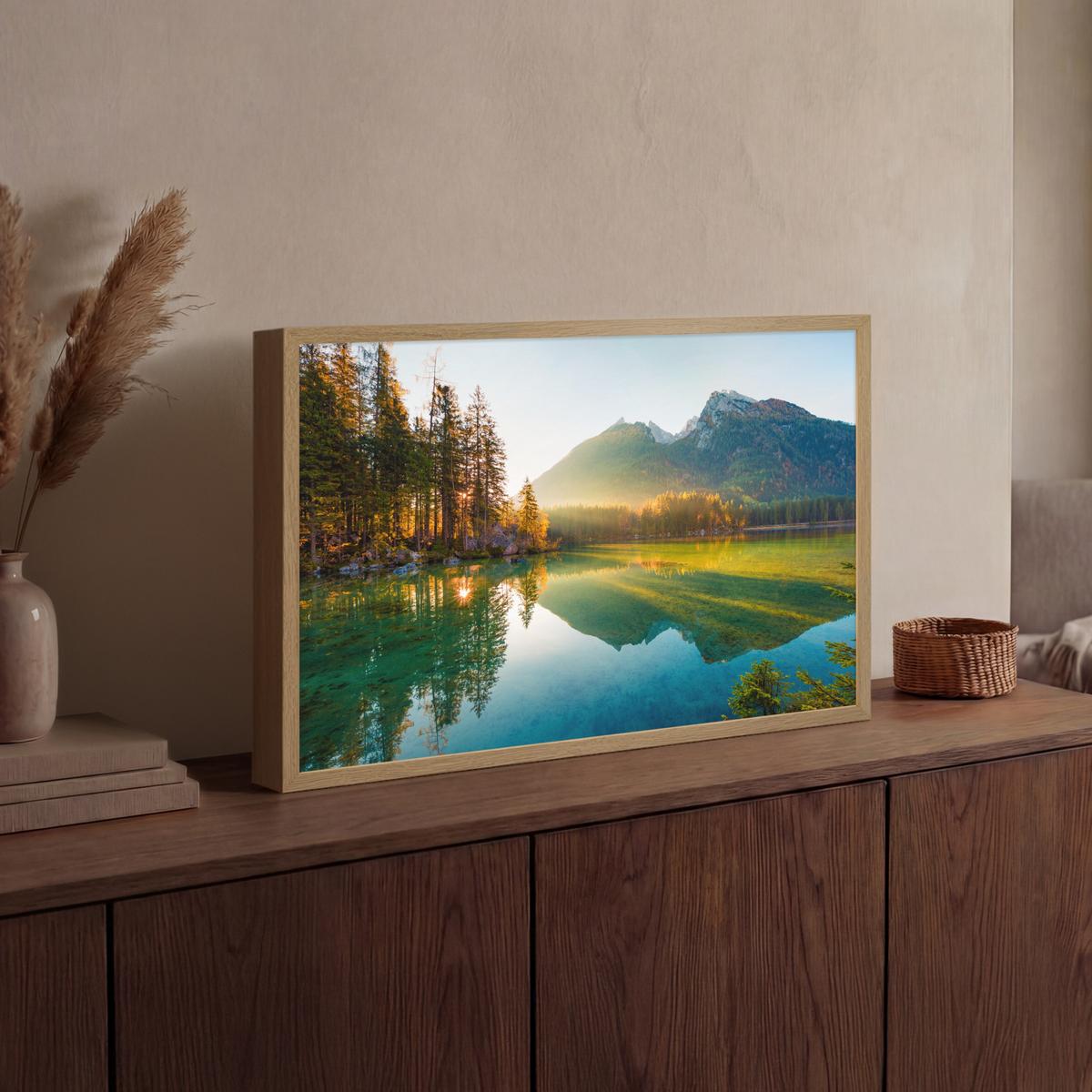 WANDLEUCHTE MIT AKKU See - Wald - Berge - Natur - Sonne - Landschaft 60x40 cm - Grün, Holzwerkstoff (60/40/8cm) - OnlyWow