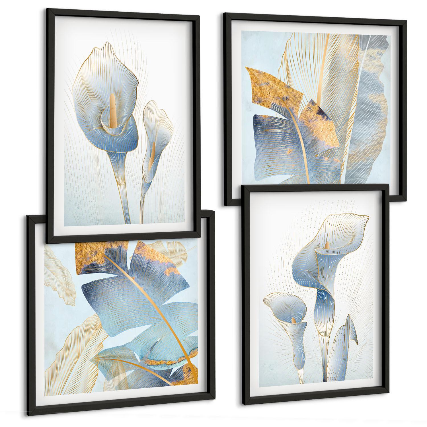 BILDER SET 4er Set - 50x50 cm & 40x60 cm Schwarzer Rahmen - Blaue Blumen im Hintergrund - Schwarz, Kunststoff (50/50cm) - TULUP