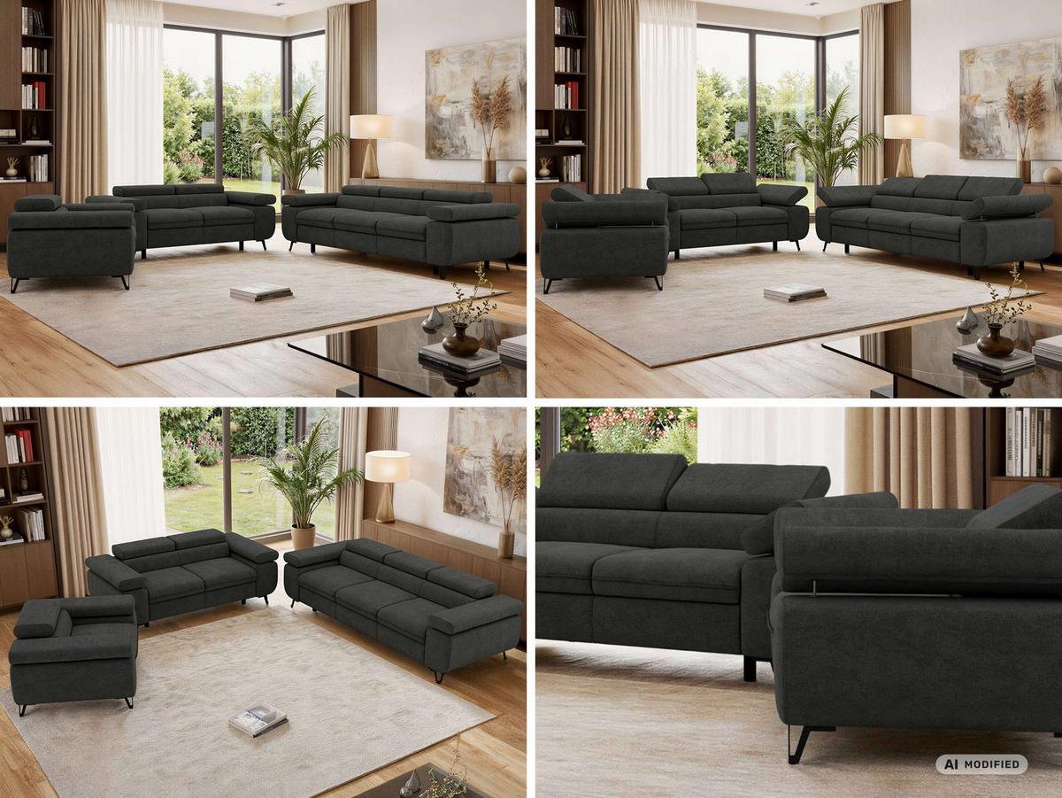 SITZGARNITUR PETER 1+2+3 - Dunkelgrau Stukture - Dunkelgrau/Graphitfarben, Textil/Metall (262/76/99cm) - MKS