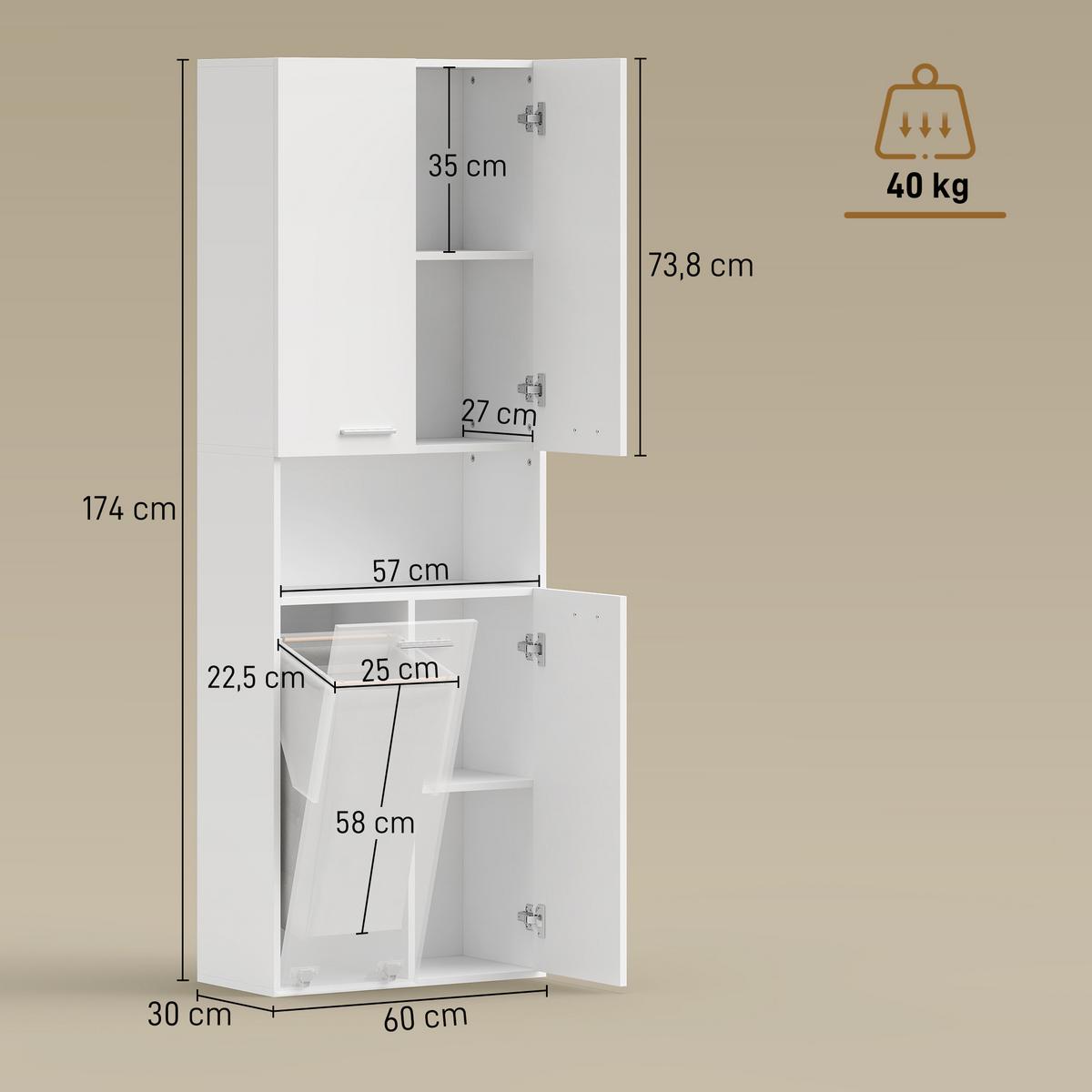 BADEZIMMERSCHRANK aus MDF 60/30/174 cm Weiß - Weiß, Holzwerkstoff/Metall (30/174/60cm) - HOMCOM