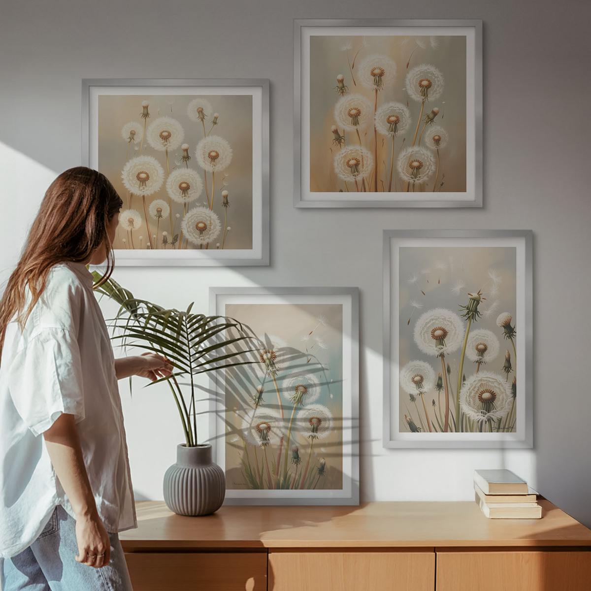 BILDER SET 4er Set - 50x50 cm & 40x60 cm Silberner Rahmen - Pastellfarbene Löwenzahnblüten - Silberfarben, Kunststoff (50/50cm) - TULUP