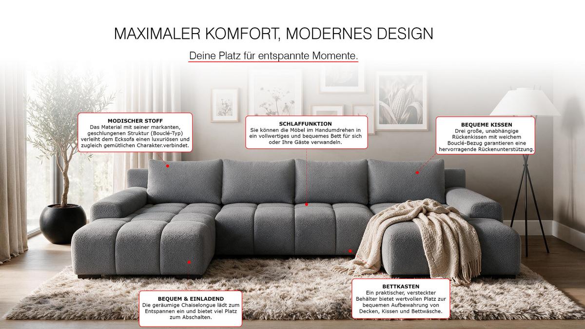 WOHNLANDSCHAFT OVIA U mit Bettkasten und Schlaffunktion, Bouclé-Stoff in U-Form - Dunkelgrau, Textil (350/80/185cm)