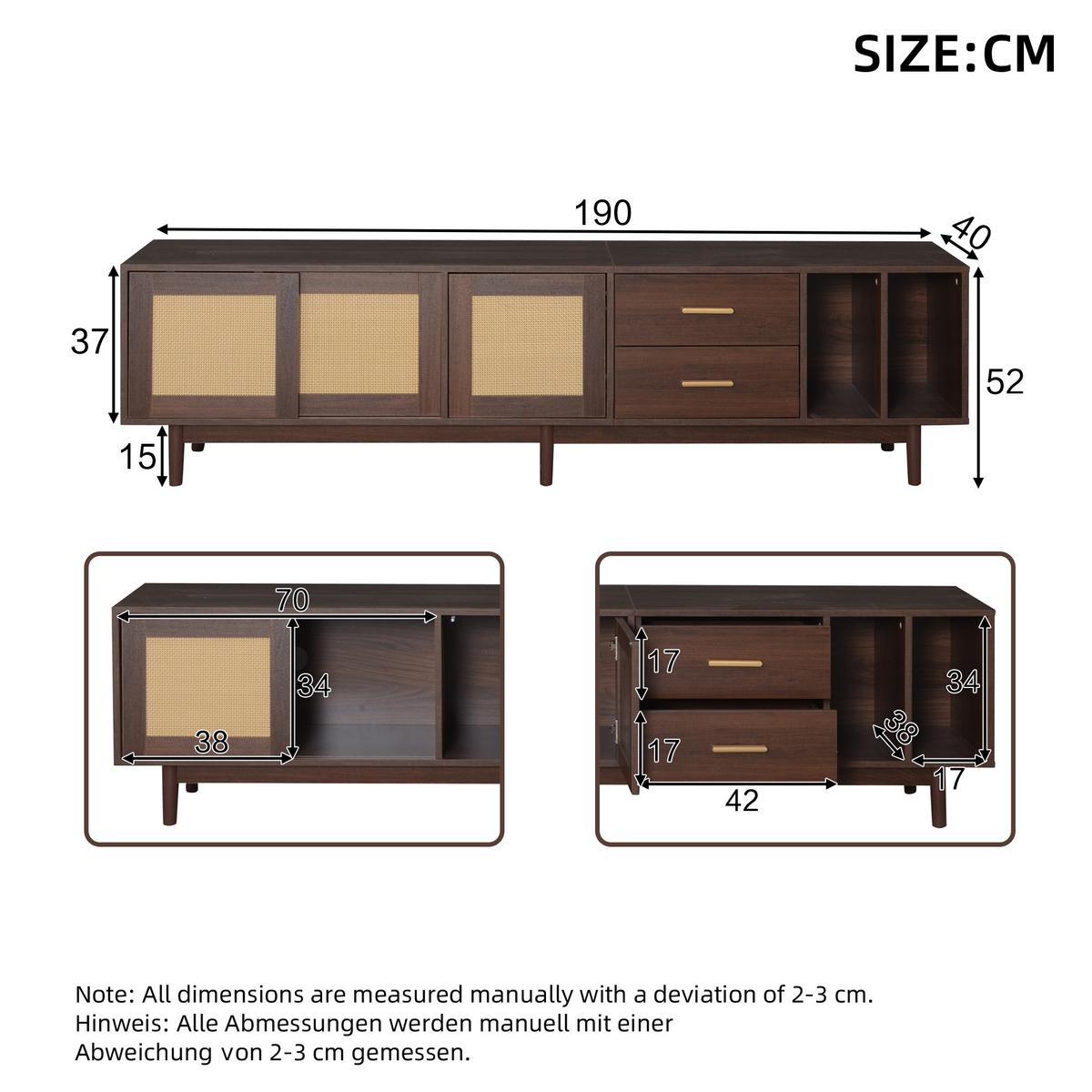 TV-SCHRANK 190 cm Braun & Rattan mit Schiebetüren, 2 Schubladen & 6 Füßen im Retro-Design - Braun, Holzwerkstoff (190/52/40cm) - Urban Meuble