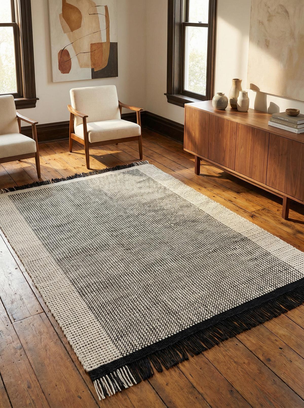 WOLLTEPPICH handgewebt mit Fransen PISA, geometrisch, Schwarz-Weiß, 160 x 230 cm - Grau, Textil (230/160cm) - KADIMA DESIGN