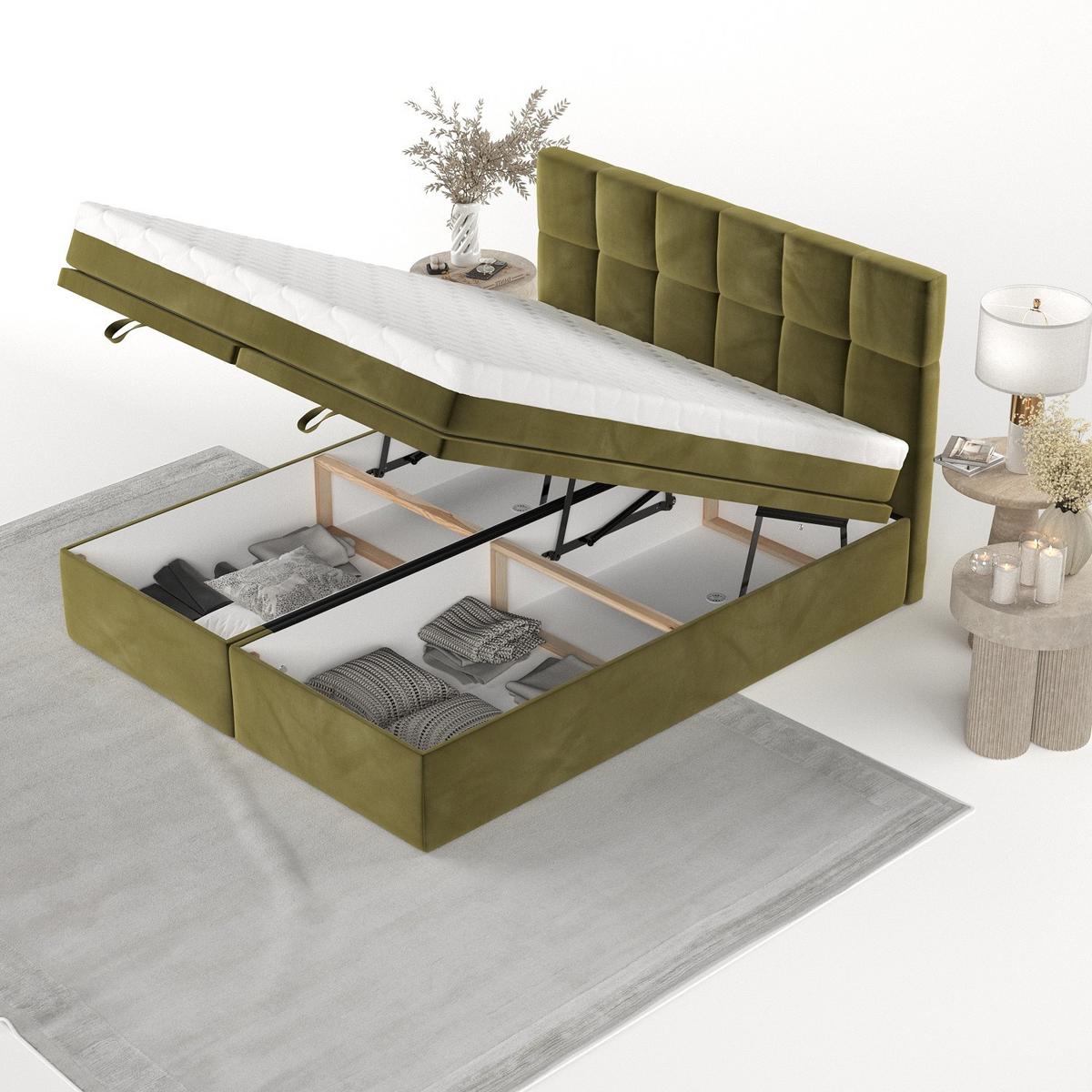 BOXBETT Elano 160/200 cm Olivgrün im Kronos Stoff - Schwarz/Olivgrün, Holz/Holzwerkstoff (160/200cm) - AltaBeds